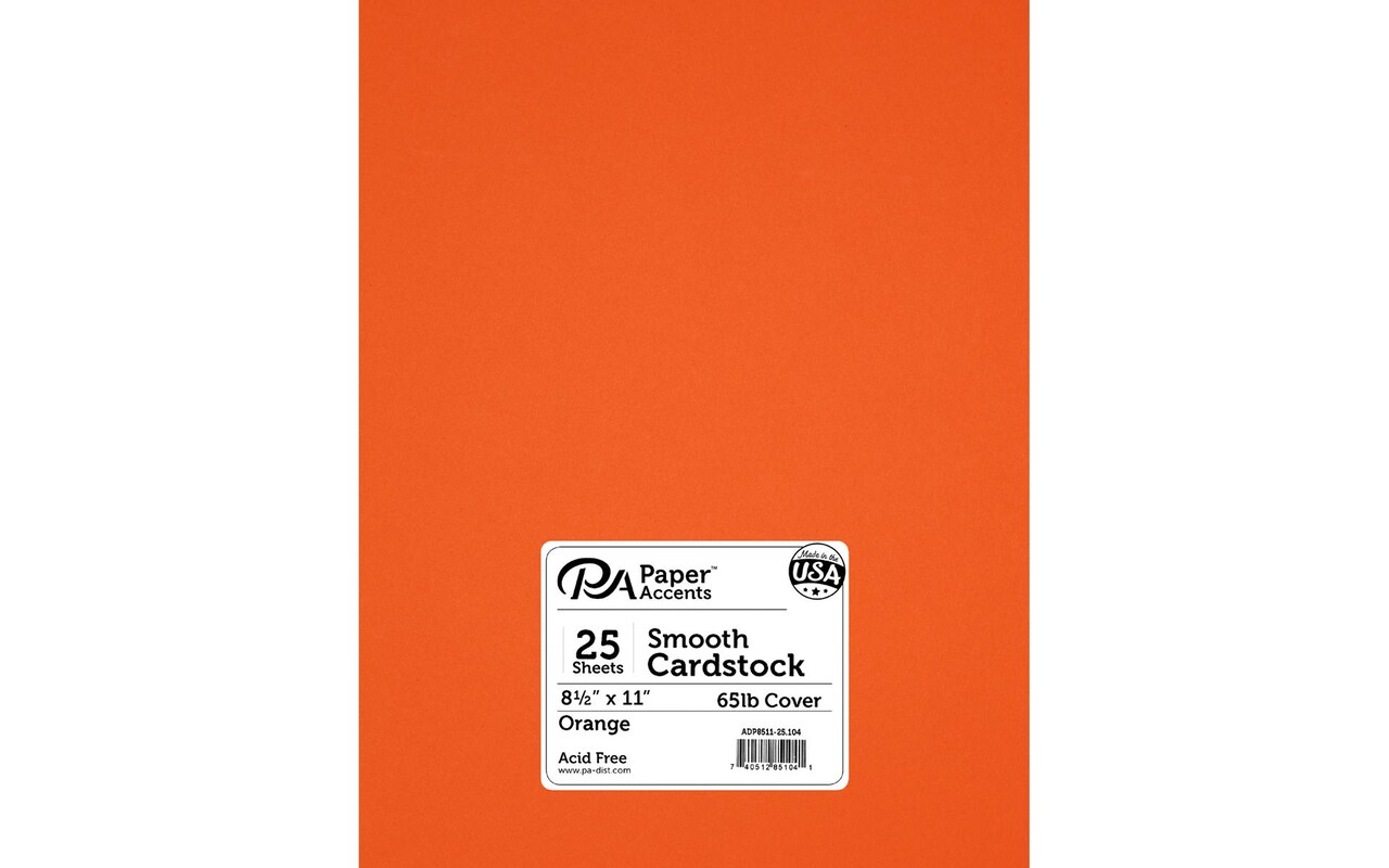 PA Paper Accents Smooth Cardstock 8.5" x 11" Orange, 65lb colored cardstock paper for card making, scrapbooking, printing, quilling and crafts, 25 piece pack